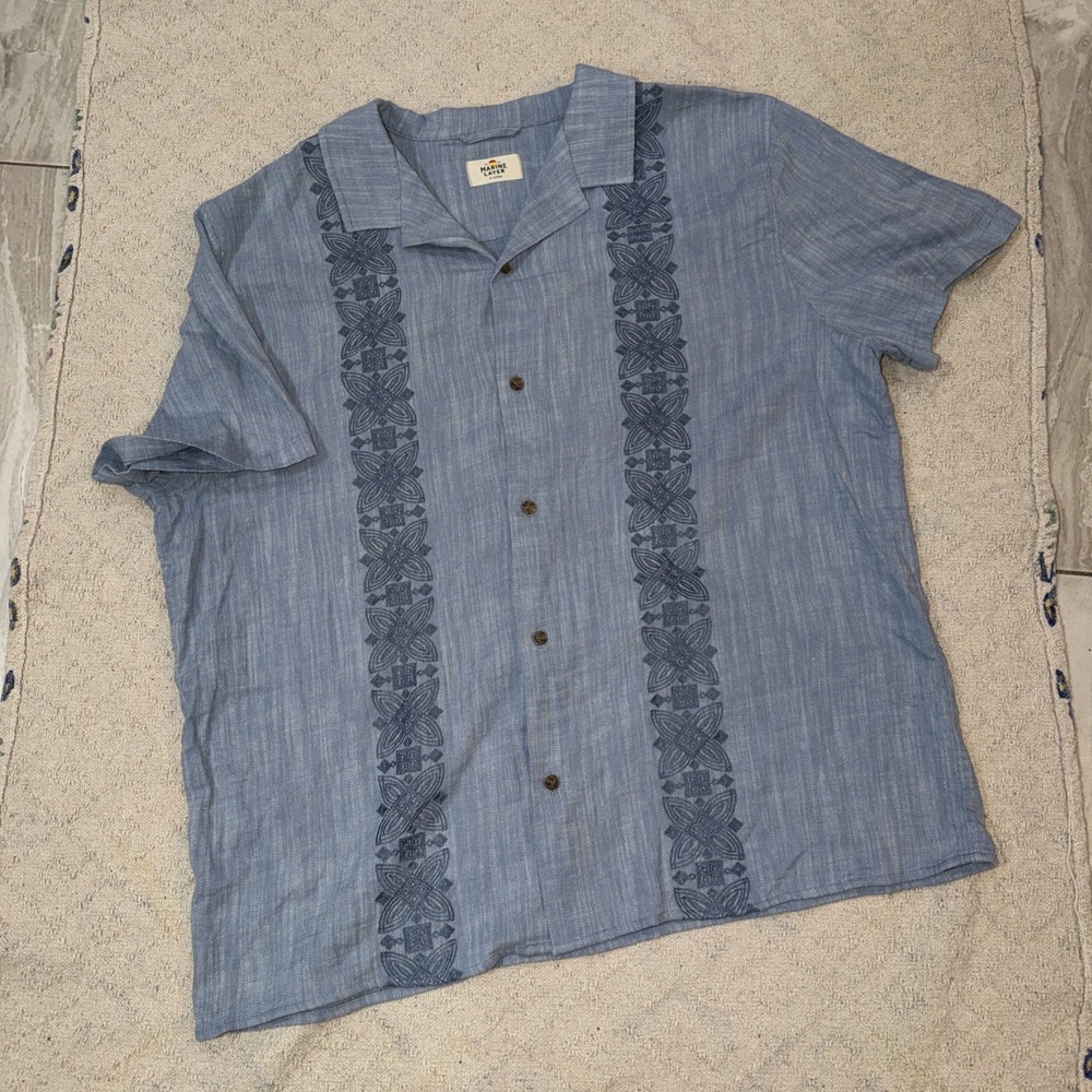 Marine Layer Men's XL Light Blue Embroidered Camp Collar Resort Shirt Button-Up